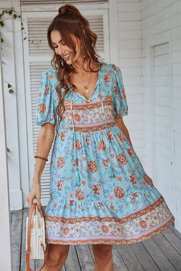 V Col Bohème Style Imprimé Robe d’été bleue